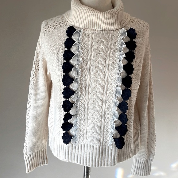 J CREW cable knit embellished ruffled front sweater cowl neck WOOL cream size XS - Picture 3 of 17